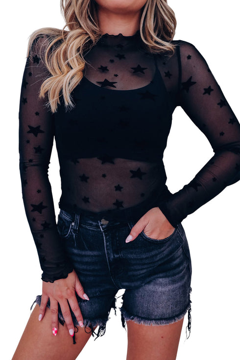 Star Embellished Sheer Mesh Long Sleeve Top
